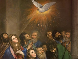 Period art painting of Pentacost. Holy Spirit appearing as a bird at the top of the image with Christian disciples in varying expressions of awe and trepidation.