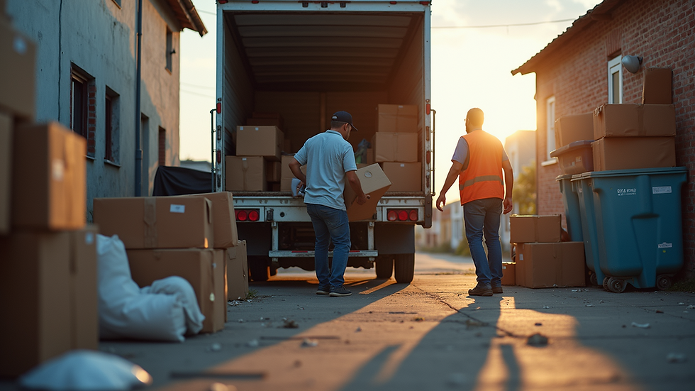 Eye-level view of a junk removal team loading items into a truck