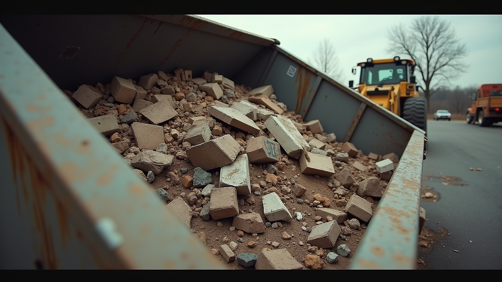 Eye-level view of a roll-off dumpster filled with construction debris