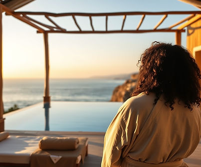 A serene open-air spa pavilion at golden hour, infinity pool meeting a calm ocean, soft li