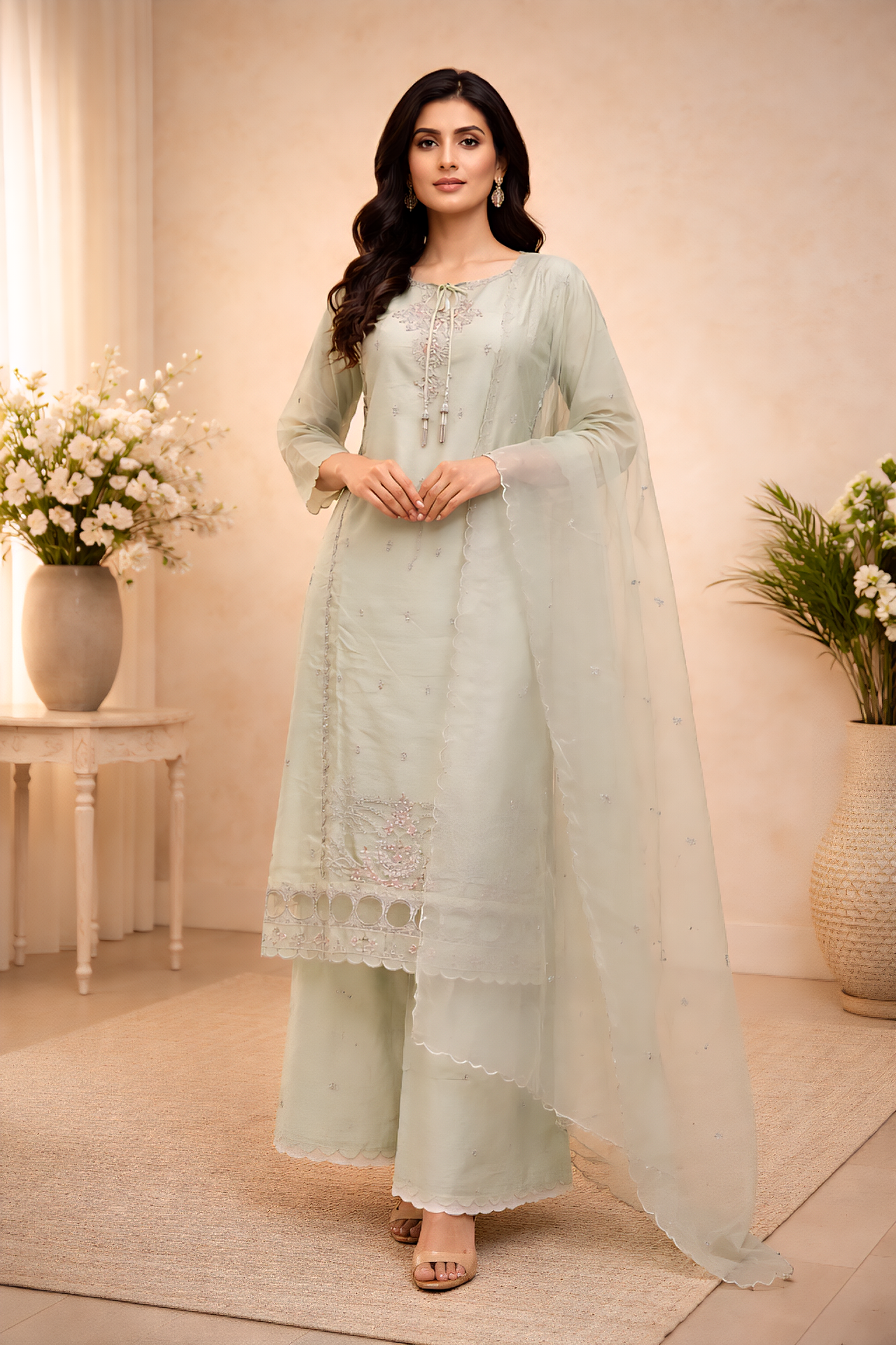 Pastel Sage Soft Organza 3 Piece Suit Set for Women