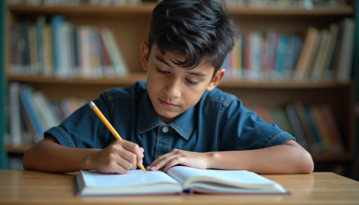 Eye-level view of a student studying IIT JEE preparation books in Hindi medium