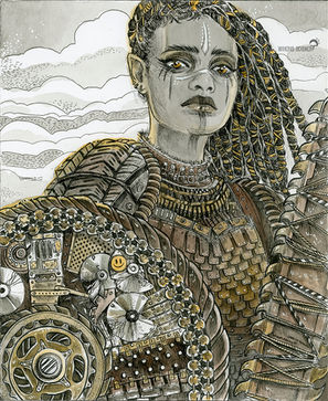 Une jeune femme aux dreads porte un bouclier dieselpunk et une épée tronçonneuse