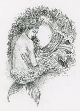 Une sirène de profil dessinée au crayon posée sur une vague
