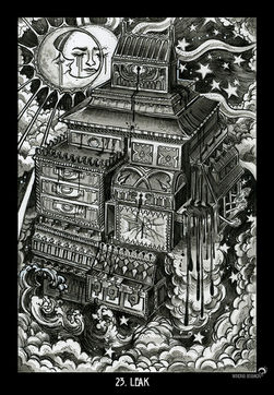 Une maison boîte qui dégouline d'encre noire au milieu du brouillard