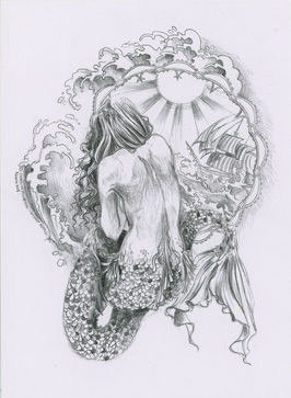 Une sirène de dos dessinée au crayon tournée vers un navire sur la mer