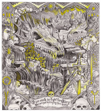 Des ossements de dragons et deux personnages se faisant face, crânes grimaçants et épées