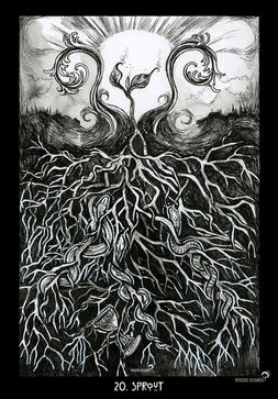 Une petite pousse de plante aux racines très profondes et noueuses sort de terre