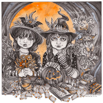 Deux petites filles déguisées pour Halloween au milieu d'un autel