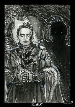 Un homme le syeux fermés et mains en prière a des vêtements tâchés, une main sur son épaule dégouline d'encre et une silhouette aux yeux blancs se cache dans l'ombre