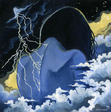 Personnage féminin de dos dans des nuages et une tempête de foudre