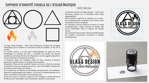 Identité visuelle et support de communication de l'atelier-boutique du souffleur de verre de l'Isle-Adam Cyril-John Rousseau Logo et tampon