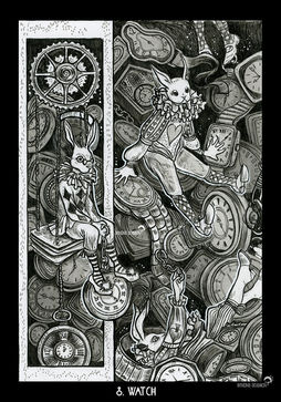 Des lapins habillés en page d'Alice au Pays des Merveilles assis sur des montres et horloges