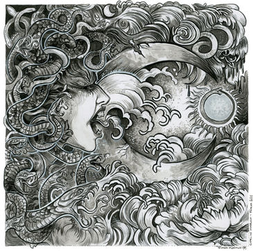 La gorgone de profil hurle avec ses serpents vers un ourobouros