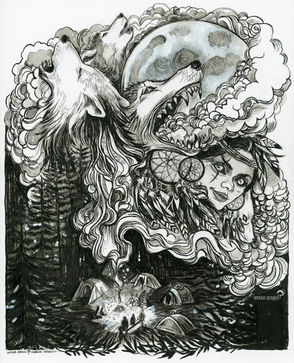 deux loups hurlant à la lune au dessus d'un feu d ecamp