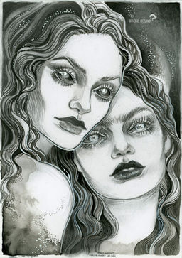 Deux personnages féminins aux grands yeux dessinées au crayon