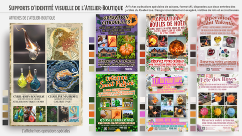Identité visuelle et support de communication de l'atelier-boutique du souffleur de verre de l'Isle-Adam Cyril-John Rousseau affiches