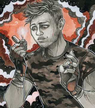 Un personnage masculins en t-shirt de camouflage tenant un briquet, tons blanc, rouge et noir