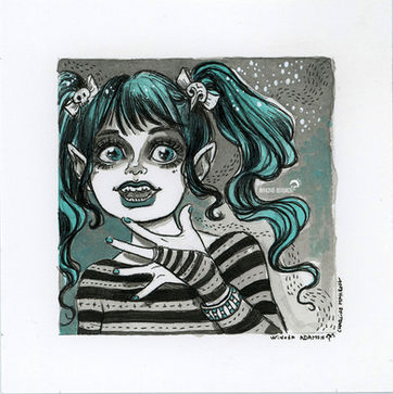 Portrait de jeune fille au cheveux bleus, portant des couette, attaché avec de noeud décoré de crâne d'oiseau, oreilles pointues, style alternatif