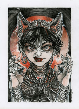 Visage féminin faisant une grimace, un style cyberpunk, oreille de chat robotique par Winona Adamon (Charline Mahroug)