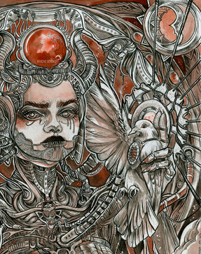 Une jeune femme tient une colombe comme un téléphone