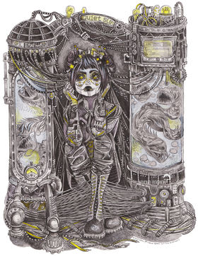 Une femme robotique se trouve entre deux cylindres de verre cyberpunk contenant des poissons à grandes dents auxquels ell est relié par un casque d'écouteurs et par ses lacets de chaussures qui sont des câbles par Winona Adamon (Charline Mahroug)