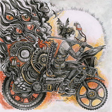 Femme vampire sur une moto steampunk, accompagnée d'un familier corbeau, tenant un katana et une poche de sang par Winona Adamon (Charline Mahroug)