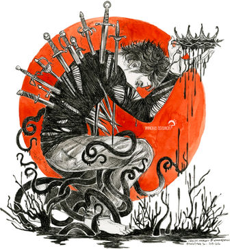 Homme genou à terre regardant vers le sol et portant une couronne d'épines dans les mains