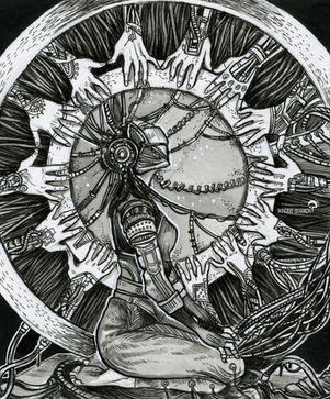 Détail d'un robot humanoïde femme ou un corps cyberpunk portant un casque de réalité virtuelle se tient au milieu d'un cercle de connexions en forme de bras et de mains, par Winona Adamon (Charline Mahroug)