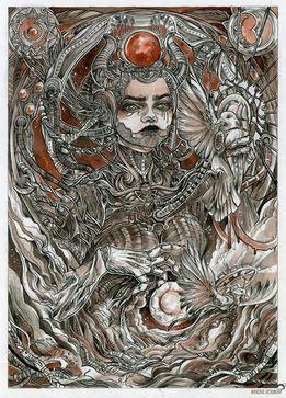 Figure transhumaniste comme un déité inspirée de l'Egypte, tenant dans sa main une colombe, entourée de câbles par Winona Adamon (Charline Mahroug)