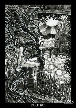 Une fée fait face à une étagère de bibliothèque s'ouvrant sur un paysage de château au milieu des nuages