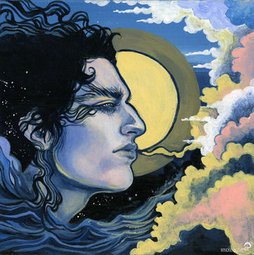 Visage masculin de profil dans des nuages bleu, jaune et rose