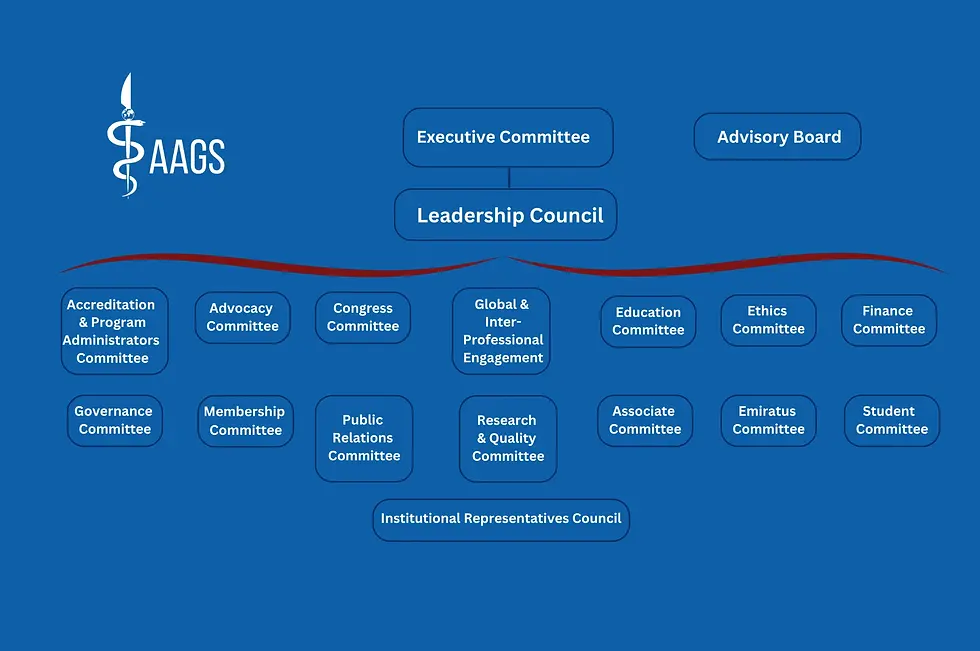 AAGS organization chart: Executive Committee, Advisory Board, Leadership Council, the standing committees and the Institutional Representatives Council