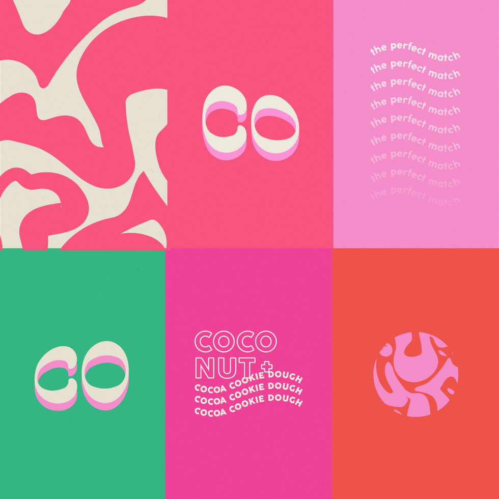 Coco Heart brand identity elements showing logo, colors, and graphic patterns.