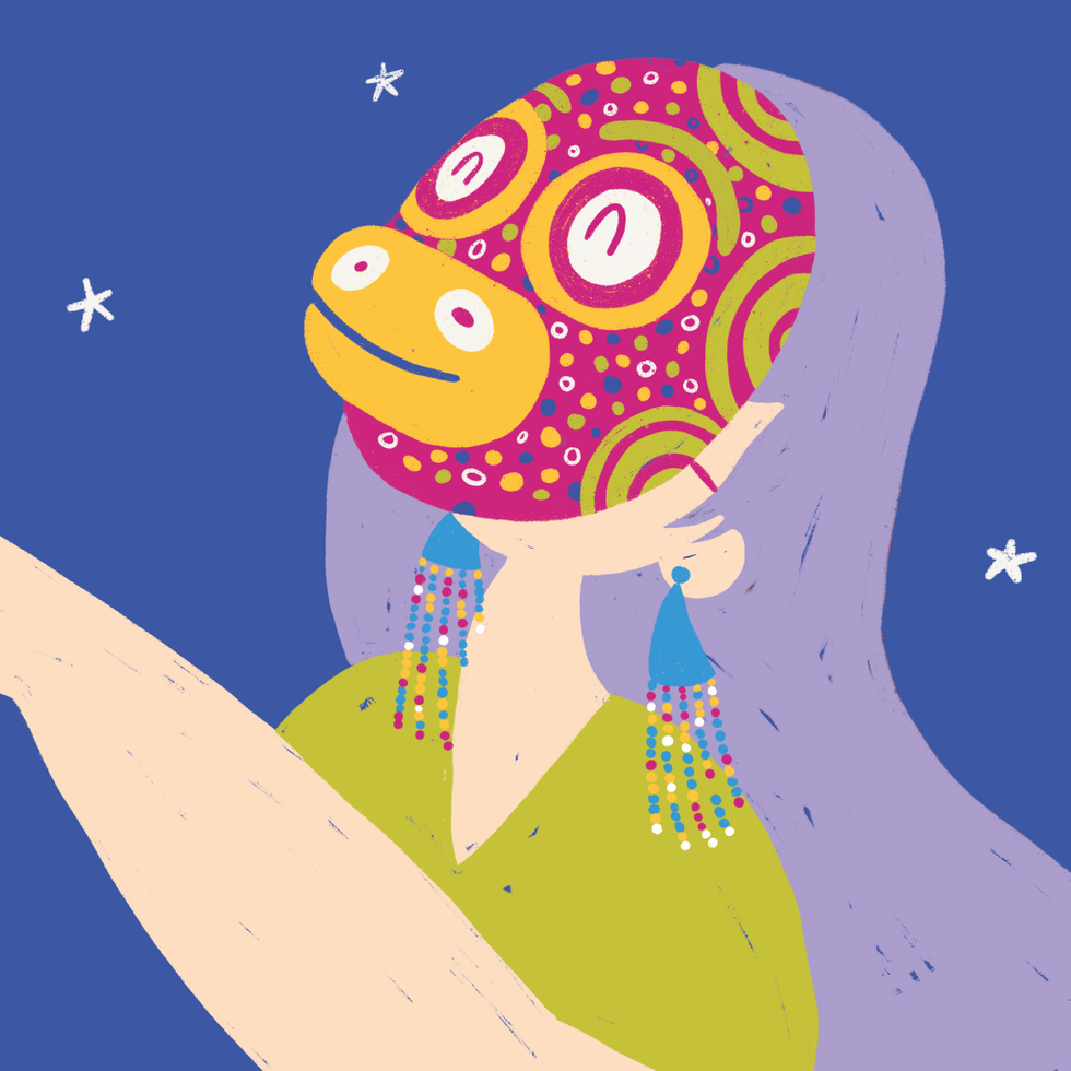Colorful illustrated character wearing traditional folkloric mask and beaded earrings representing Latin American culture.
