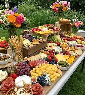 Garden party grazing table with flowers and charcuterie for a private party in Marlboro NJ