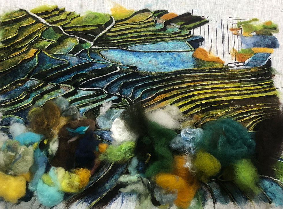 Rice fields fibre art by Sarah Ritchie showing fibres used
