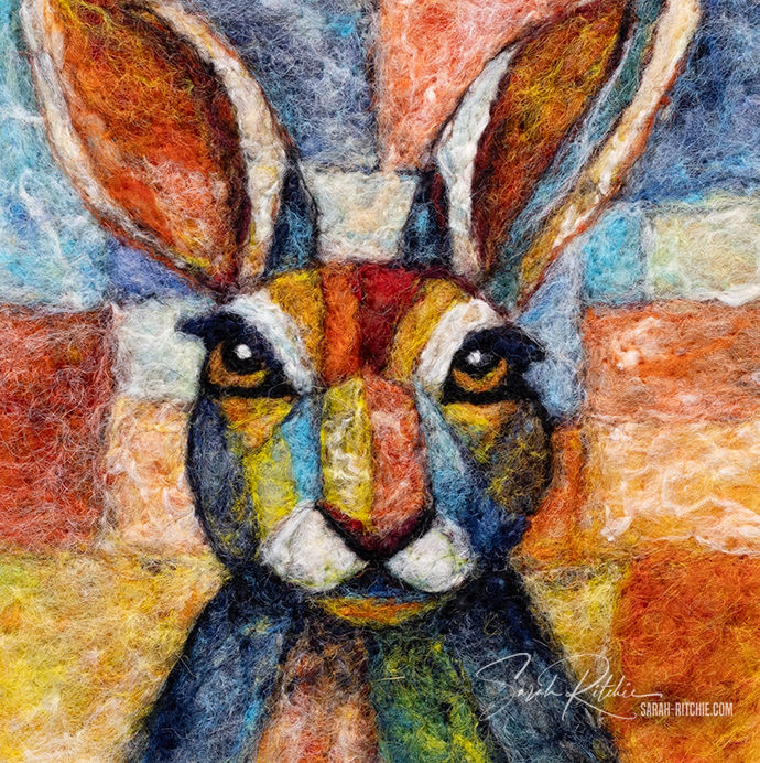 ‘The Watchers Mini Series – Hare’ needle-felted fibre painting by Sarah Ritchie