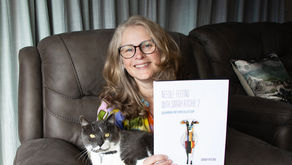 Sarah Ritchie and Monty with Sarah’s new book, ‘Needle-felting with Sarah Ritchie 2: Bookmark Pattern Collection’.