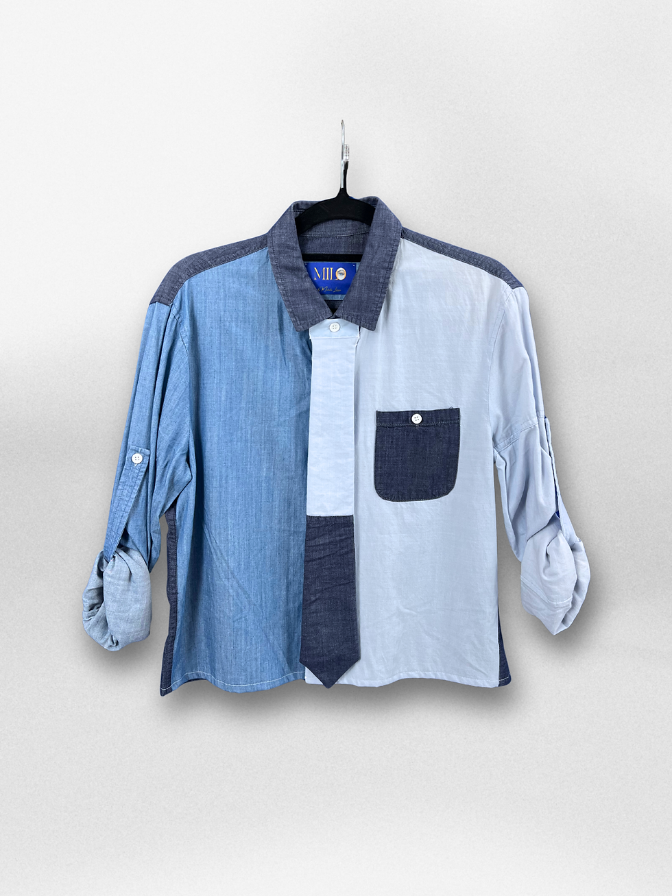 Denim patchwork shirt with tie