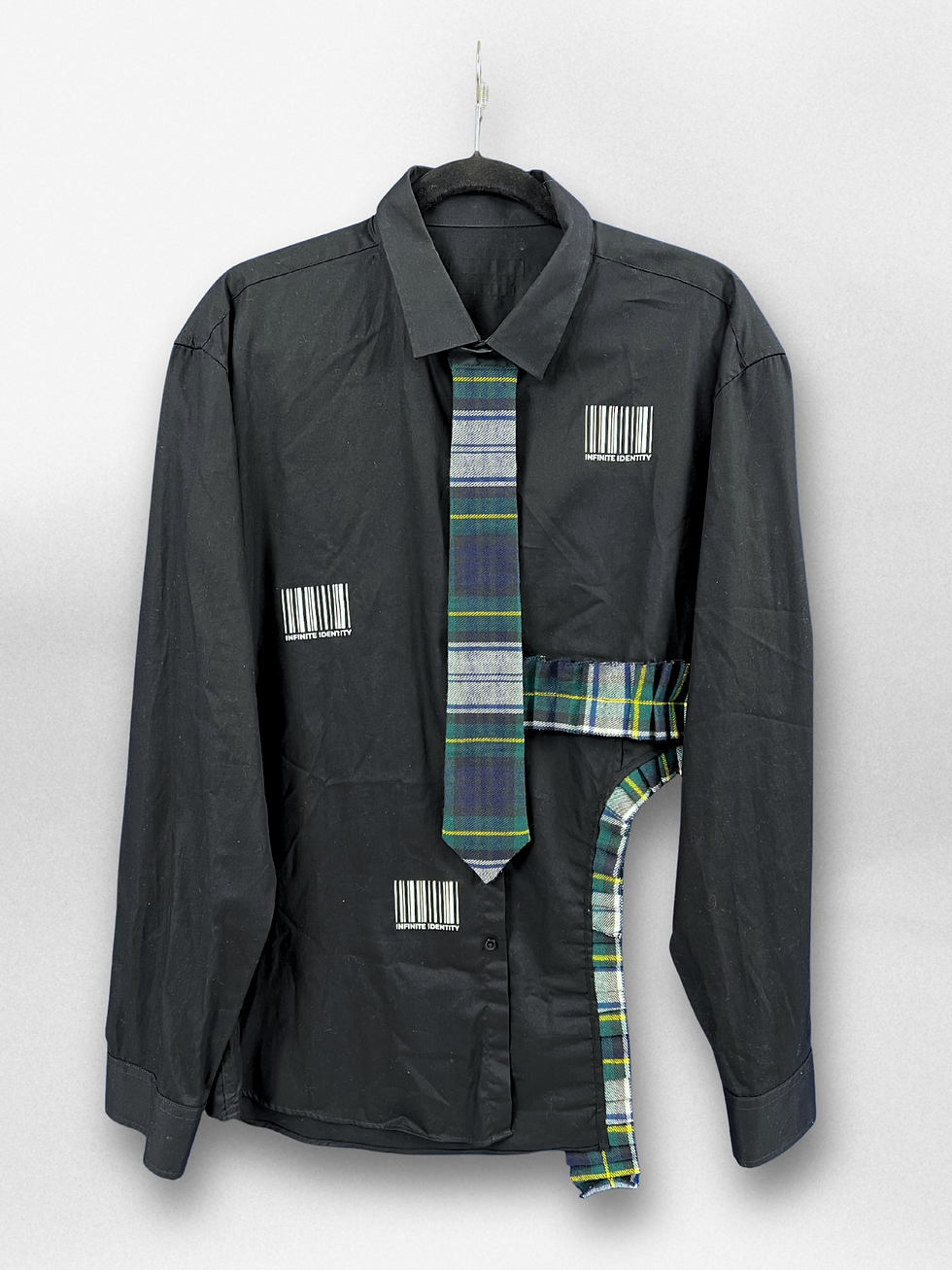 Asymmetrical Shirt with Barcode print and tartan details