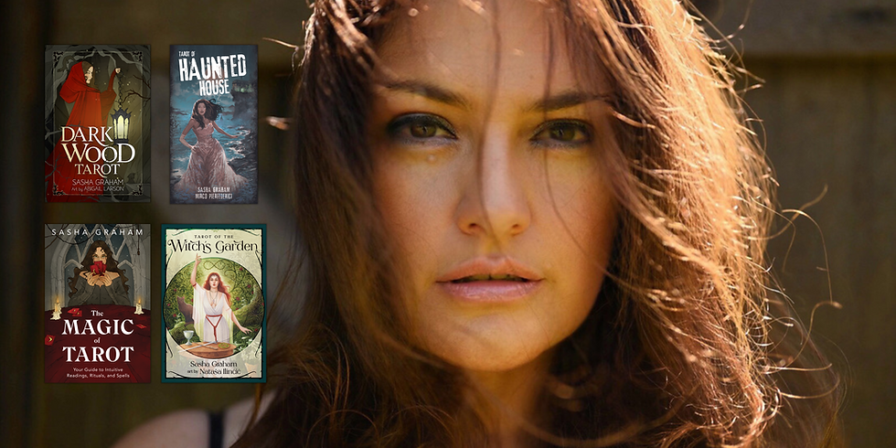 Author Sasha Graham with her Dark Wood Tarot, Tarot of the Haunted House, Magic of Tarot and Tarot of the Witch's Garden