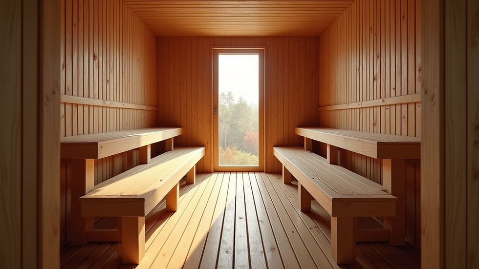 Eye-level view of a traditional wooden sauna interior with benches