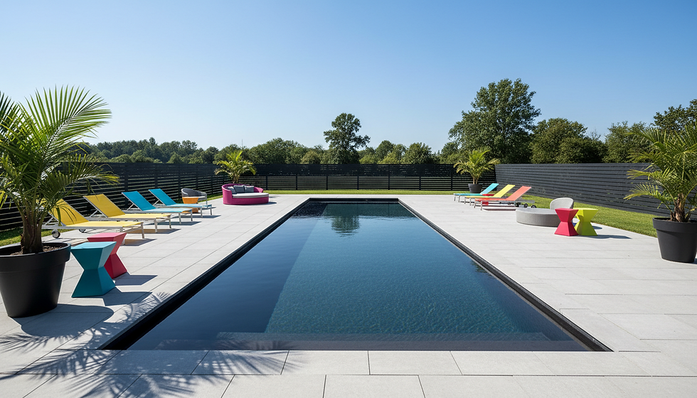 Firefly_Gemini Flash_outdoor liner swimming pool in a large modern garden with black fence