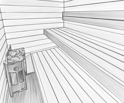 Pencil sketch of an empty sauna with wooden benches and heater.