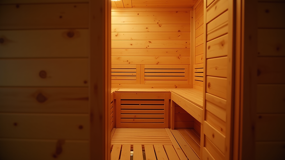 Close-up view of a wooden sauna interior with a glowing heater