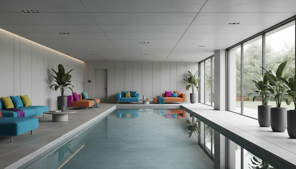 Firefly_Gemini Flash_contemporary large indoor pool with the pool and room in grey shades,
