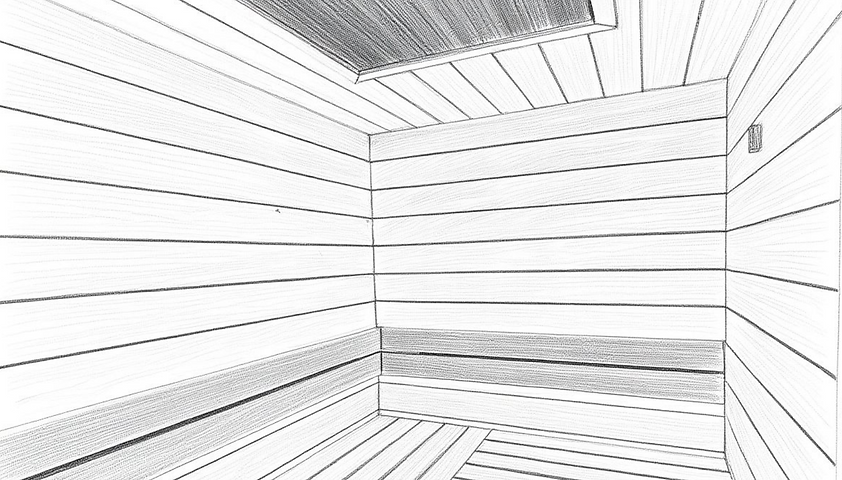 Pencil sketch of an empty sauna room with wooden panels and benches.