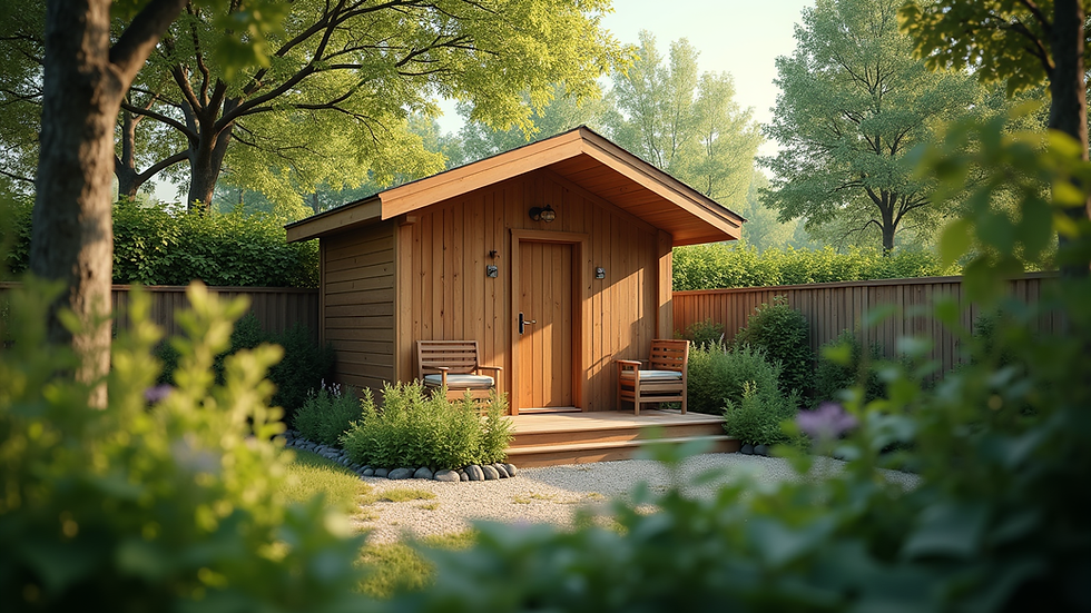Eye-level view of a wooden garden sauna room surrounded by greenery