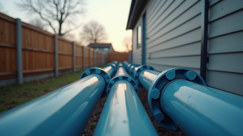 High angle view of gas piping system with PEX tubes in a residential setting
